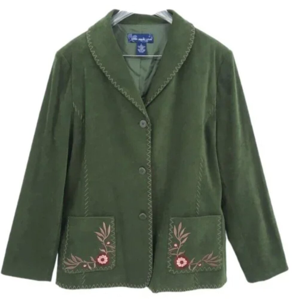 VTG 90s Susan Graver Green Embroidered 3 Button Faux Suede Blazer Jacket L